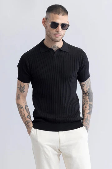 Black Ribbed Flatknit Textured Regular Fit Exclusive Polo T-Shirt