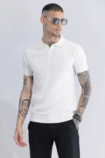 White Ribbed Flatknit Textured Regular Fit Exclusive Polo T-Shirt