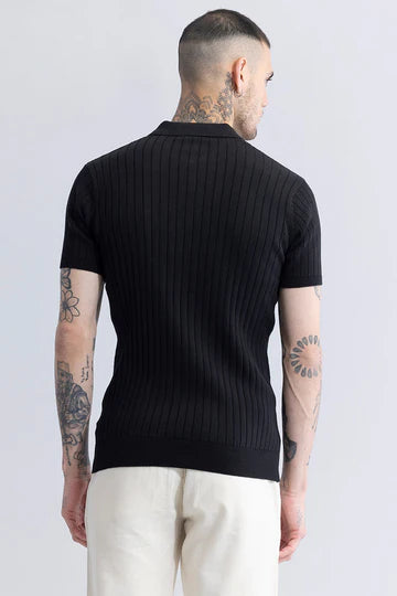 Black Ribbed Flatknit Textured Regular Fit Exclusive Polo T-Shirt