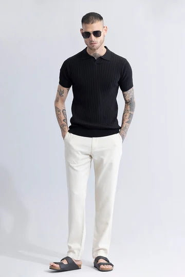 Black Ribbed Flatknit Textured Regular Fit Exclusive Polo T-Shirt